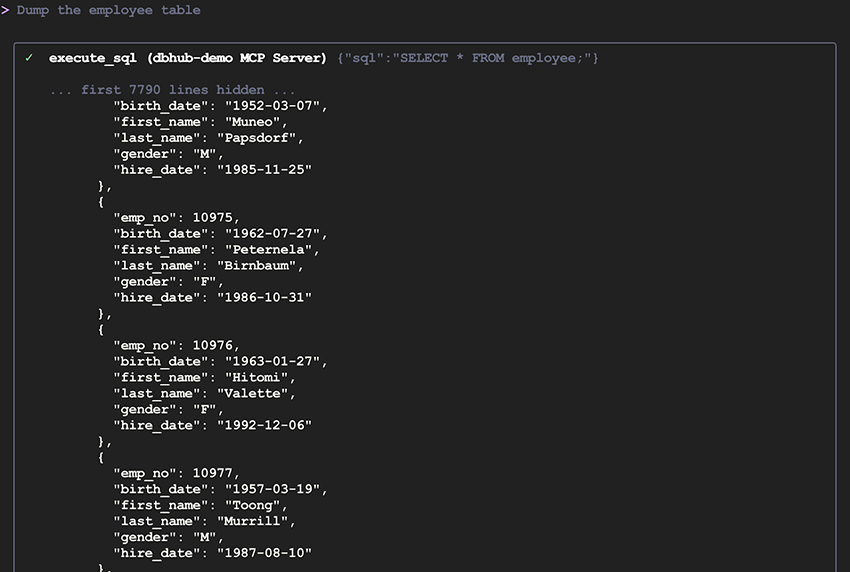 The MCP server happily dumps the employees table for us
