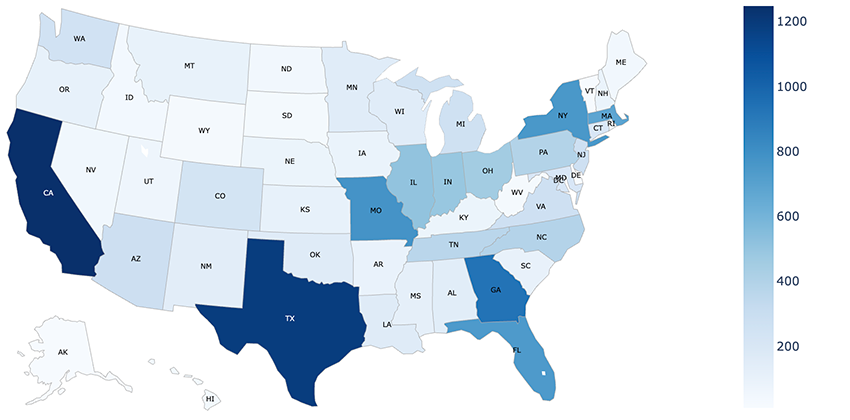 Figure 2: Geographical distribution of the ~14k exposed cameras in the United States.