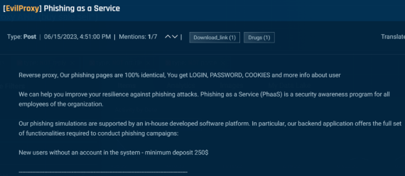 Figure 4. A threat actor advertising their phishing as a service with EvilProxy.