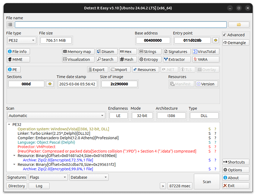 Output of Detect it Easy (DiE) for DLL