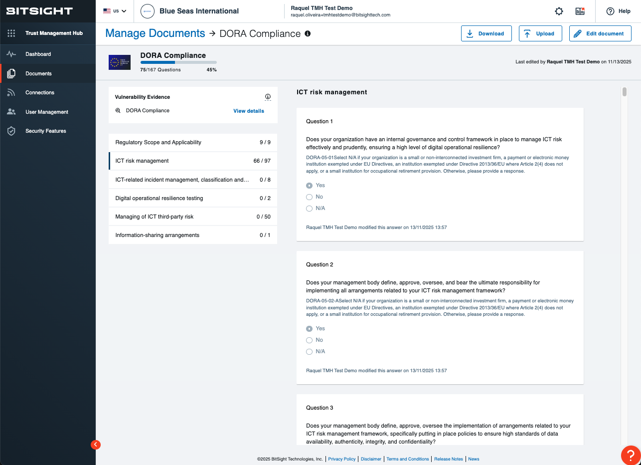 The DORA Compliance questionnaire is also available for the 68,000+ vendors in the network - more proactive mapping, less work for GRC teams.